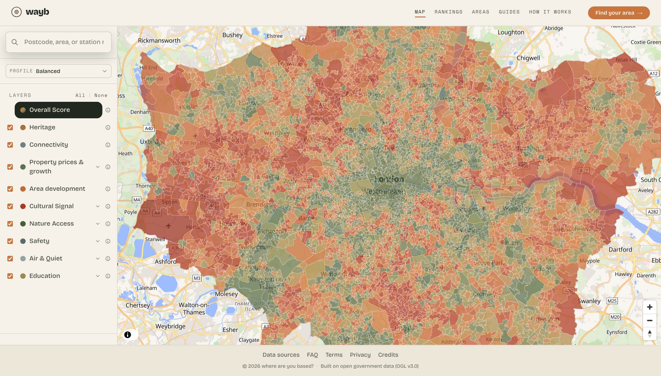 The WAYB map showing all 684 London wards coloured by their overall score