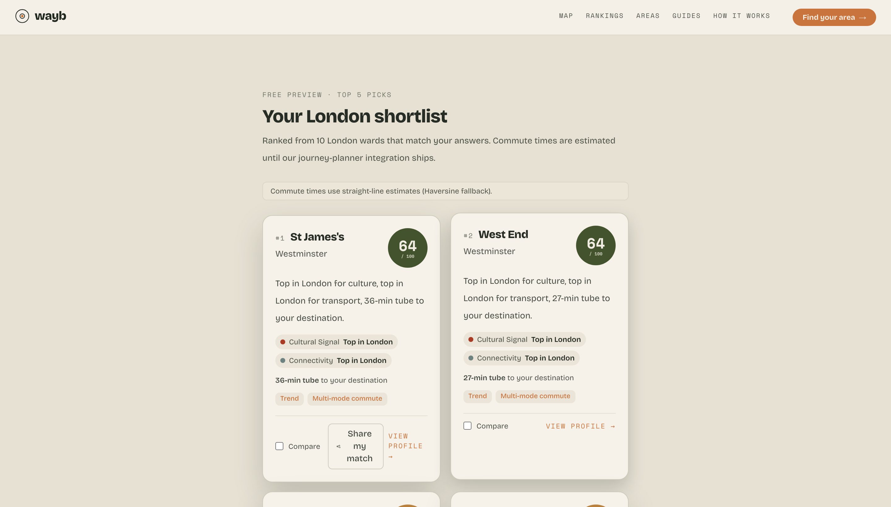 The WAYB wizard returning a ranked shortlist of London wards with reasons